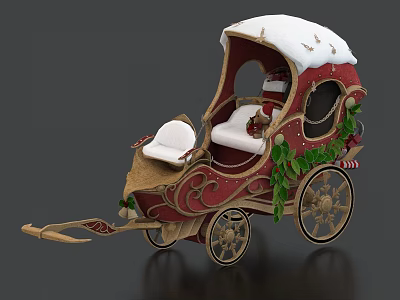Ornate Red Christmas Carriage With Snow Covered Roof Green Leaves And Candy Canes 3d model