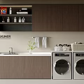 Wooden Balcony Cabinet Design With Washing Machine Dryer Sink And Storage