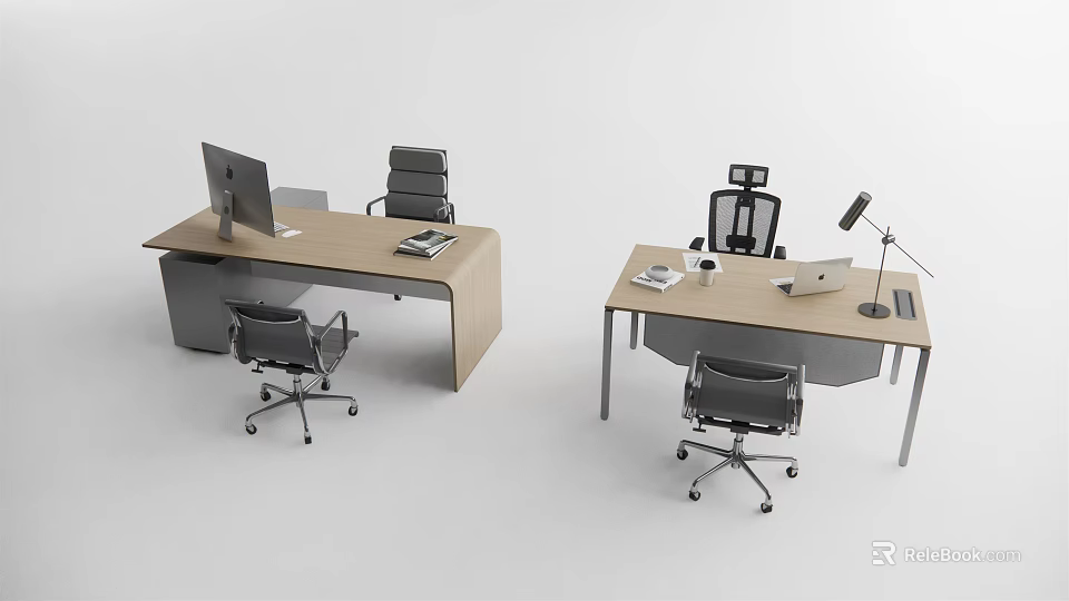 Modern Office Desk Setup With Computer Monitor Laptop Office Chair And Desk Lamp 3d model 