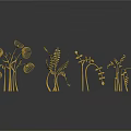 Cartoon Scene With Golden Plants Various Grasses And Flowers Metallic Texture Black Background And Reflections