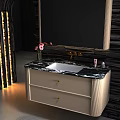 Modern Bathroom Vanity Set With Marble Countertop Mirror And Pink Flower Vase