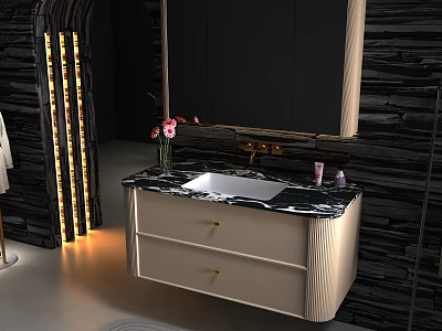Modern Bathroom Vanity Set With Marble Countertop Mirror And Pink Flower Vase 3d model