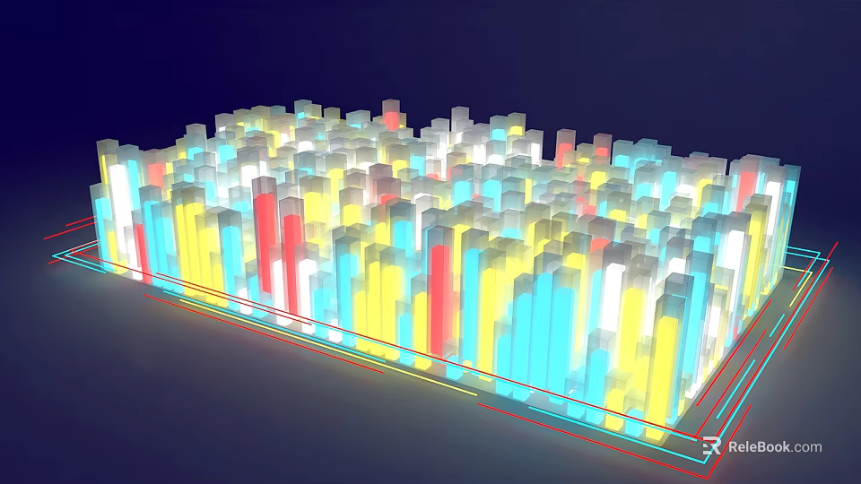 3D Data Visualization With Colorful Bars In Various Colors And Glowing Base Lines 3d model