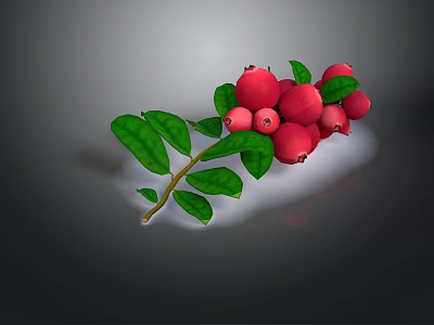Fresh Plant Branch with Vibrant Red Berries and Lush Green Leaves 3d model