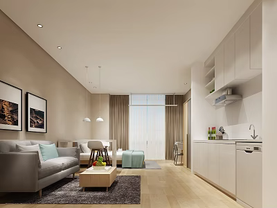 Modern Apartment Featuring Open Concept Living Room Kitchen Gray Sofa Wooden Floor White Cabinets 3d model