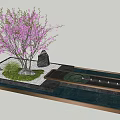 Garden Landscape Design With Purple Flowering Tree Black Stone And Water Feature