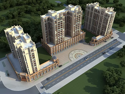 Modern High Rise Residential Buildings With Green Trees Entrance Square And Road 3d model