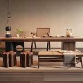 Tea Table and Chair Combination Solid Wood Tea Table Round Stool Bench Single Chair Tea Set Combination 3d model