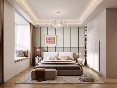 Modern Bedroom Interior With Large Bed Chandelier Window Seat And Decorative Painting 3d model