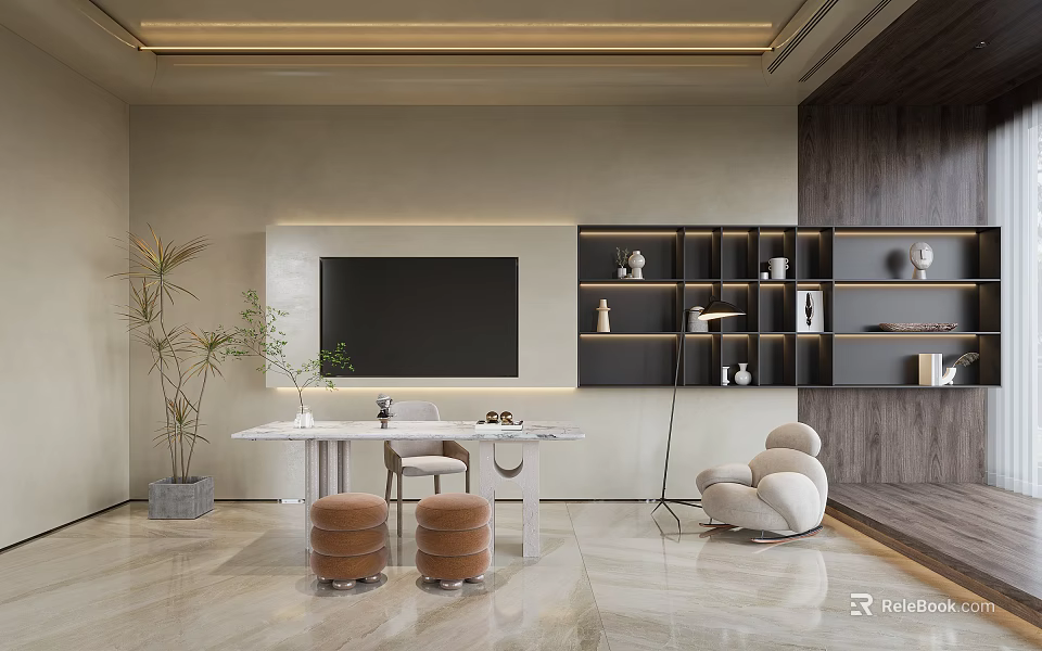 Modern Study Room Interior Design With TV Bookshelf Table Chair Stools And Plants 3d model 