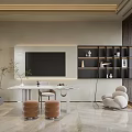 Modern Study Room Interior Design With TV Bookshelf Table Chair Stools And Plants