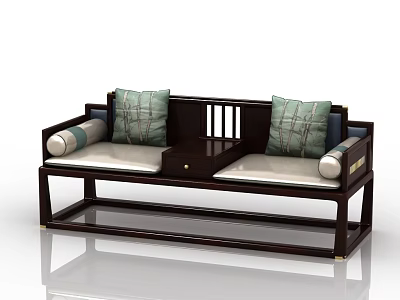 Traditional Chinese Luohan Bed With Dark Wooden Frame Green Cushions And Center Table 3d model
