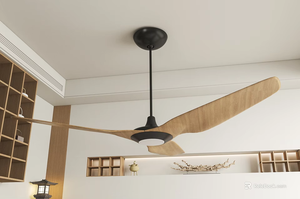 Stylish Ceiling Air Conditioner Fan with Wooden Blades and Black Base in Modern Interior 3d model 