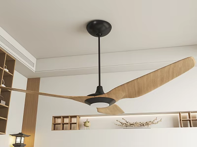 Stylish Ceiling Air Conditioner Fan with Wooden Blades and Black Base in Modern Interior 3d model