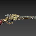Vintage Flintlock Pistol with Golden Ornate Accents Red Leather Grip and Metallic Barrel Design