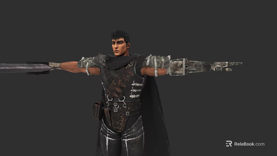 Game Movie Character Warrior With Arms Outstretched In Battle Armor Leather Outfit And Metal Guards 3d model 