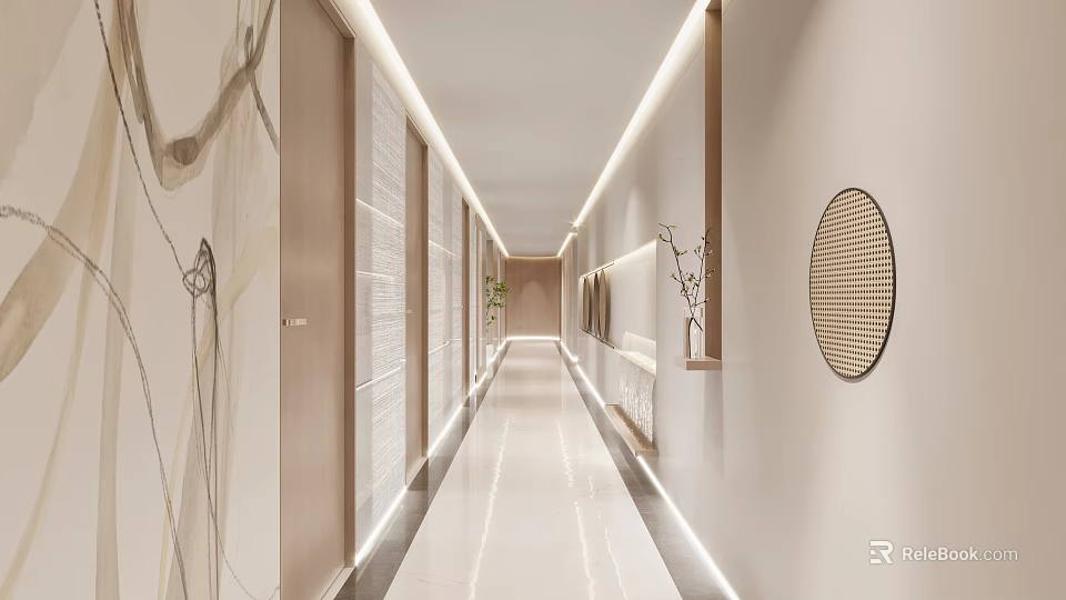 Hotel Corridor Interior Design With Wooden Accents Recessed Lighting Circular Decor And Plants At End 3d model 