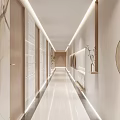 Hotel Corridor Interior Design With Wooden Accents Recessed Lighting Circular Decor And Plants At End