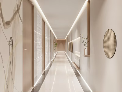Hotel Corridor Interior Design With Wooden Accents Recessed Lighting Circular Decor And Plants At End 3d model