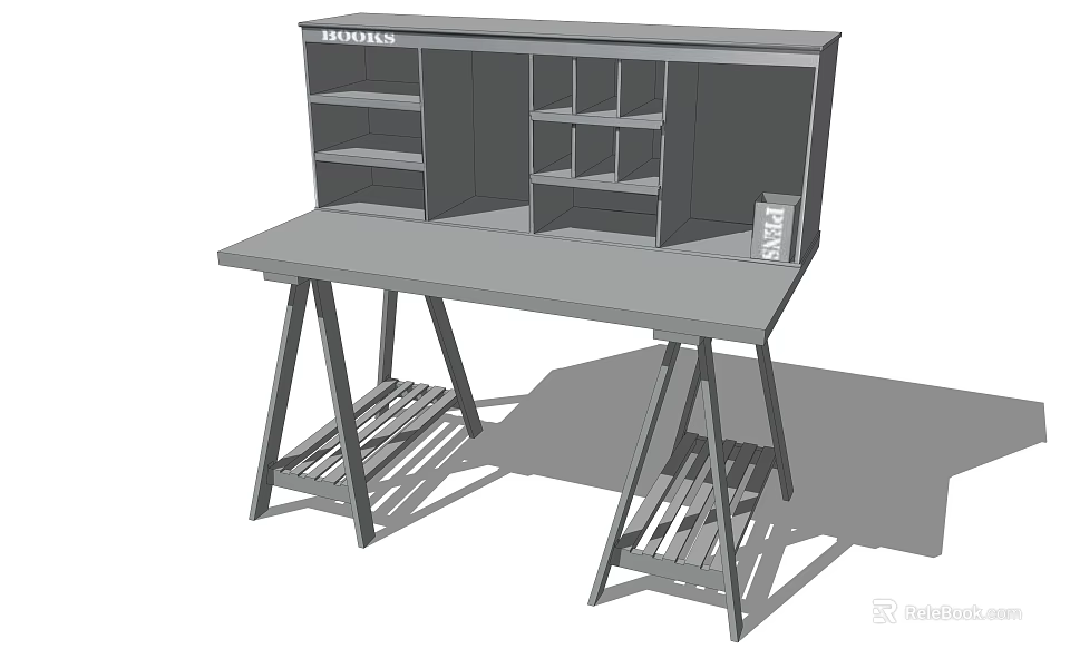 Minimalist Desk With Upper Bookshelf Crossed Legs And Lower Storage 3d model 