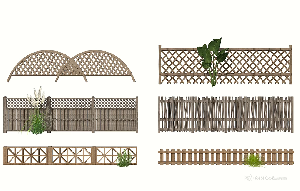 Wooden Garden Fences With Various Designs Including Lattice Arched And Simple Styles 3d model 