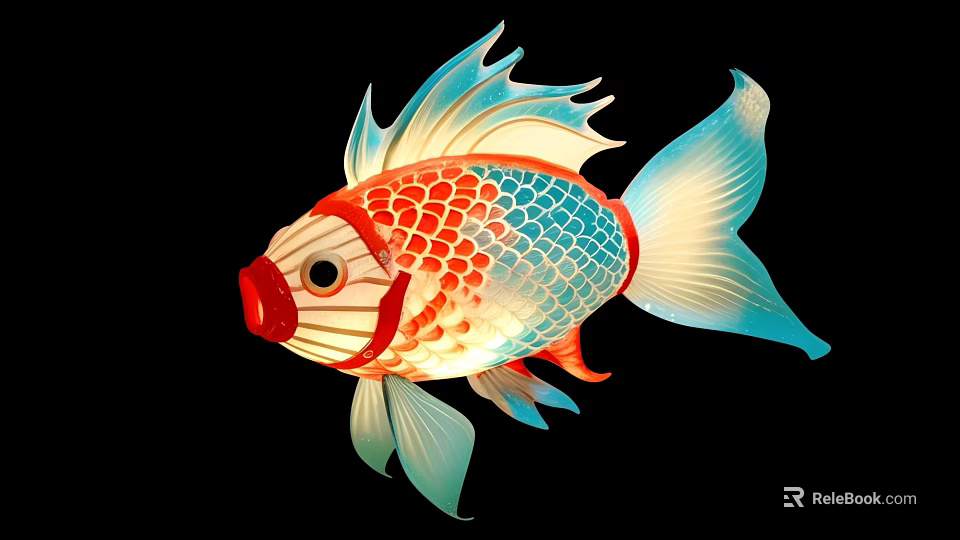 Vibrant Fish Lantern Art Installation with Red Blue White Scales Gradient Fins on Black Background 3d model 