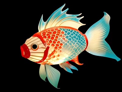 Vibrant Fish Lantern Art Installation with Red Blue White Scales Gradient Fins on Black Background 3d model