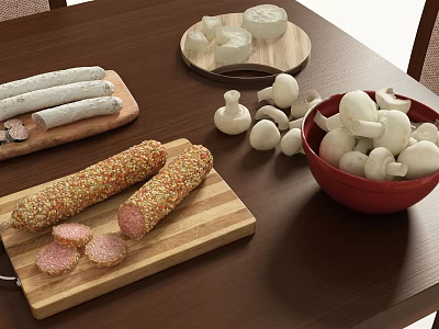 Assorted Fresh Food Ingredients Including Sausages Mushrooms And Cheese On Wooden Table 3d model