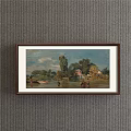 Framed Landscape Painting Featuring Green Grassland Cows Lake Sky With Clouds And Distant Building