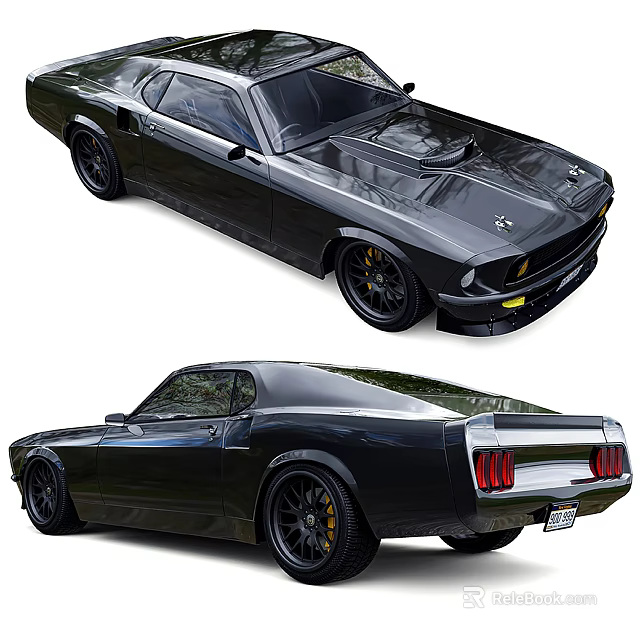 Sleek Black Classic Muscle Car With Red Taillights And Yellow Accent Wheels 3d model 