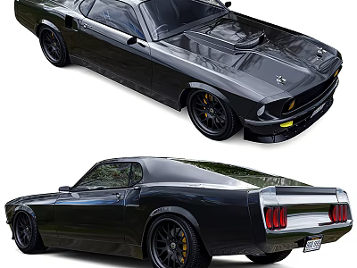 Sleek Black Classic Muscle Car With Red Taillights And Yellow Accent Wheels 3d model