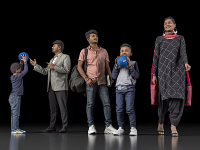 Group of Diverse People Standing with Children Holding Blue Balls Against Black Backdrop 3d model
