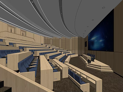Modern Conference Room Interior With Tiered Blue Seats Large Screen And Wooden Walls 3d model