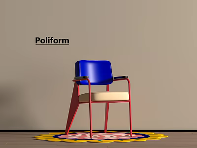 Poliform Blue Dining Chair With Red Frame And Beige Cushion On Rug 3d model