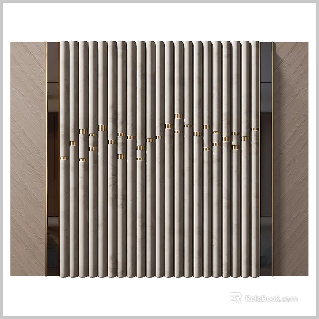 Modern Bedroom Accent Wall With Vertical Slats Golden Accents And Neutral Tones 3d model 