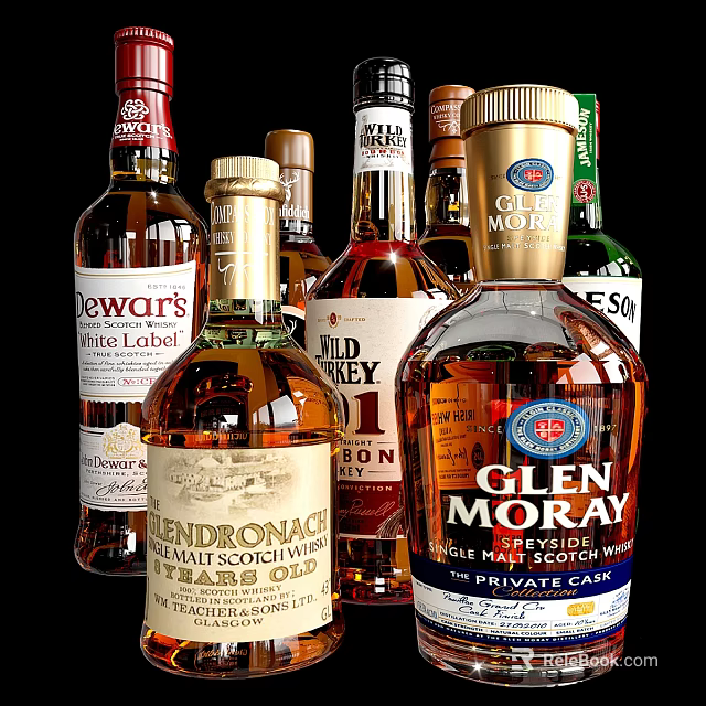 Various Brand Whiskey and Liquor Bottles Collection Display on Black Background 3d model 