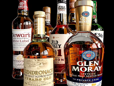Various Brand Whiskey and Liquor Bottles Collection Display on Black Background 3d model
