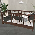 Wooden Brown Kids Bed With Plush Pillows Cloud Decor Bunting Flags And Plants