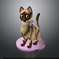 Siamese Cat Standing on Pink Round Base with White Collar and Golden Bell