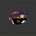 Traditional Pavilion on Floating Island with Blue Roof Pink Trees Red Bridge and Green Grass