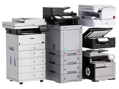 Various Multifunction Office Printers From Different Brands Including Canon And HP 3d model