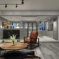 Modern Living Room Interior With Gray Sofa Blue Cushions Brown Armchair Coffee Table Track Lights
