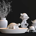 Decorative Ornament Set With Red Vase White Flowers Turtle Ornaments Teapot And Carved Stands