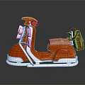 Red Scooter Model With Brown Bag And Silver Details On Reflective Surface