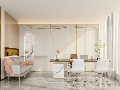 Modern Elegant Office Interior Design With Sofa Marble Desk White Chairs And Green Plant 3d model