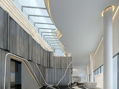 Modern Luxury Hotel Lobby Interior With Wooden Panels And Curved Lighting Design 3d model