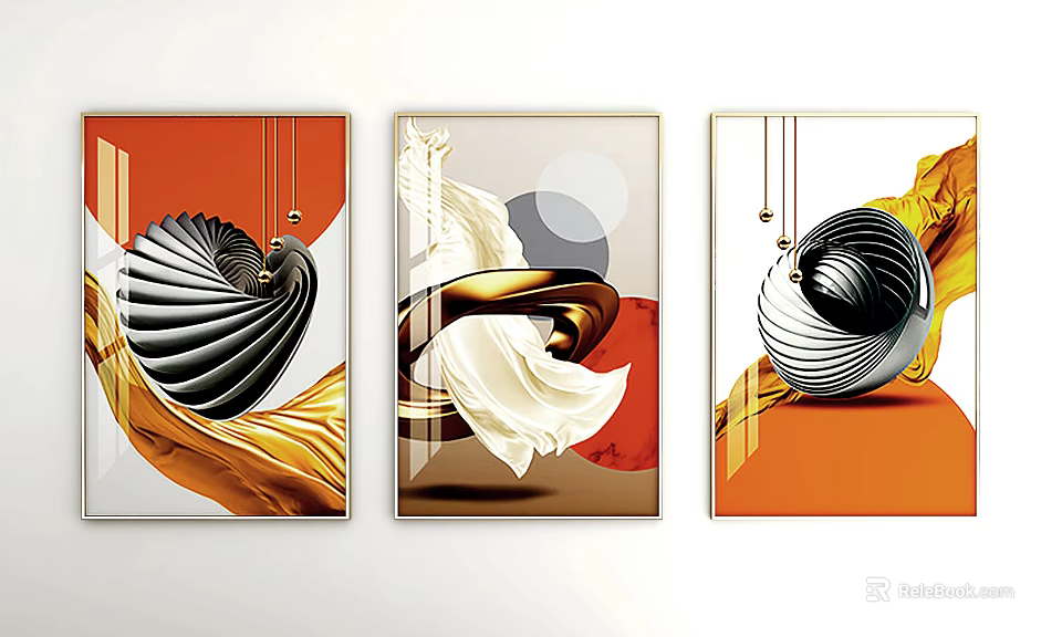 Modern Abstract Wall Art With Spiral Design Gold Orange And Geometric Elements 3d model