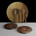 Natural Wooden Kitchenware Set With Spoon Spatula Fork Cutting Board And Plates 3d model