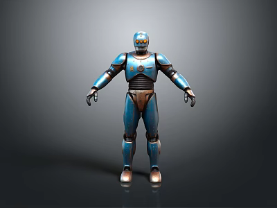 Detailed 3D Robot Character With Blue Brown Armor And Glowing Eyes Standing Pose 3d model