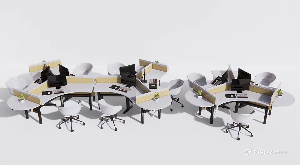 Modern Office Workstations With Partitioned Desks Chairs Computers And Green Plants 3d model 